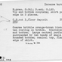 Index card with typed and handwritten information, sometimes including a sketch, of pottery from an excavation.