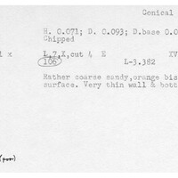 Index card with typed and handwritten information, sometimes including a sketch, of pottery from an excavation.