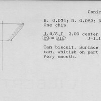 Index card with typed and handwritten information, sometimes including a sketch, of pottery from an excavation.