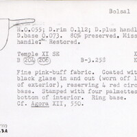 Index card with typed and handwritten information, sometimes including a sketch, of pottery from an excavation.