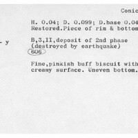 Index card with typed and handwritten information, sometimes including a sketch, of pottery from an excavation.