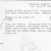 Index card with typed and handwritten information, sometimes including a sketch, of pottery from an excavation.