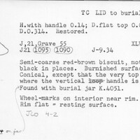 Index card with typed and handwritten information, sometimes including a sketch, of pottery from an excavation.