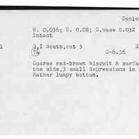 Index card with typed and handwritten information, sometimes including a sketch, of pottery from an excavation.