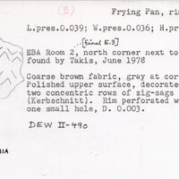 Index card with typed and handwritten information, sometimes including a sketch, of pottery from an excavation.