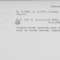 Index card with typed and handwritten information, sometimes including a sketch, of pottery from an excavation.