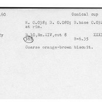 Index card with typed and handwritten information, sometimes including a sketch, of pottery from an excavation.
