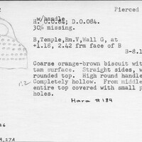 Index card with typed and handwritten information, sometimes including a sketch, of pottery from an excavation.