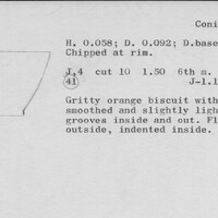 Index card with typed and handwritten information, sometimes including a sketch, of pottery from an excavation.