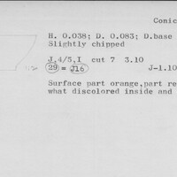 Index card with typed and handwritten information, sometimes including a sketch, of pottery from an excavation.