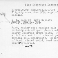 Index card with typed and handwritten information, sometimes including a sketch, of pottery from an excavation.
