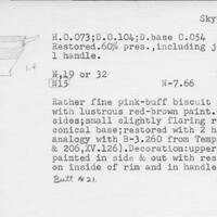 Index card with typed and handwritten information, sometimes including a sketch, of pottery from an excavation.