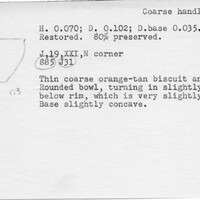 Index card with typed and handwritten information, sometimes including a sketch, of pottery from an excavation.