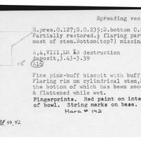Index card with typed and handwritten information, sometimes including a sketch, of pottery from an excavation.