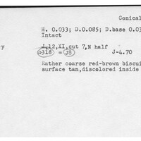 Index card with typed and handwritten information, sometimes including a sketch, of pottery from an excavation.