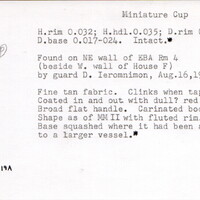 Index card with typed and handwritten information, sometimes including a sketch, of pottery from an excavation.
