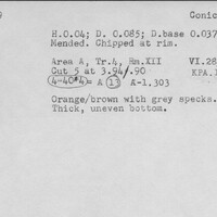 Index card with typed and handwritten information, sometimes including a sketch, of pottery from an excavation.