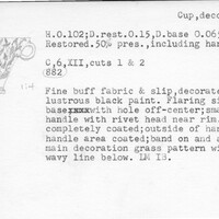 Index card with typed and handwritten information, sometimes including a sketch, of pottery from an excavation.