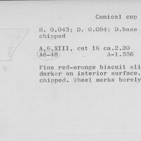 Index card with typed and handwritten information, sometimes including a sketch, of pottery from an excavation.