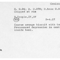 Index card with typed and handwritten information, sometimes including a sketch, of pottery from an excavation.