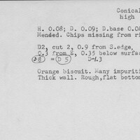Index card with typed and handwritten information, sometimes including a sketch, of pottery from an excavation.