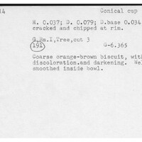 Index card with typed and handwritten information, sometimes including a sketch, of pottery from an excavation.
