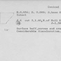 Index card with typed and handwritten information, sometimes including a sketch, of pottery from an excavation.
