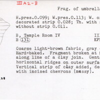 Index card with typed and handwritten information, sometimes including a sketch, of pottery from an excavation.