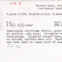 Index card with typed and handwritten information, sometimes including a sketch, of pottery from an excavation.
