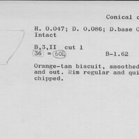 Index card with typed and handwritten information, sometimes including a sketch, of pottery from an excavation.