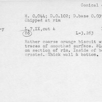 Index card with typed and handwritten information, sometimes including a sketch, of pottery from an excavation.
