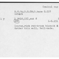 Index card with typed and handwritten information, sometimes including a sketch, of pottery from an excavation.