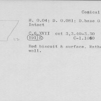 Index card with typed and handwritten information, sometimes including a sketch, of pottery from an excavation.