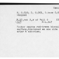 Index card with typed and handwritten information, sometimes including a sketch, of pottery from an excavation.