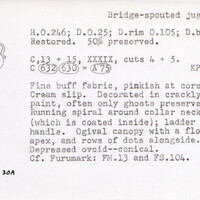 Index card with typed and handwritten information, sometimes including a sketch, of pottery from an excavation.