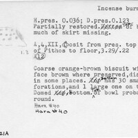 Index card with typed and handwritten information, sometimes including a sketch, of pottery from an excavation.