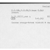 Index card with typed and handwritten information, sometimes including a sketch, of pottery from an excavation.
