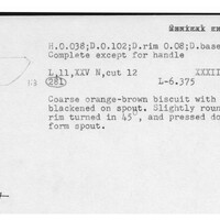 Index card with typed and handwritten information, sometimes including a sketch, of pottery from an excavation.