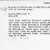 Index card with typed and handwritten information, sometimes including a sketch, of pottery from an excavation.