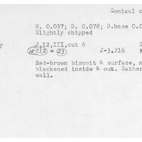 Index card with typed and handwritten information, sometimes including a sketch, of pottery from an excavation.