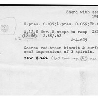 Index card with typed and handwritten information, sometimes including a sketch, of pottery from an excavation.