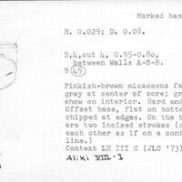 Index card with typed and handwritten information, sometimes including a sketch, of pottery from an excavation.