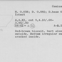 Index card with typed and handwritten information, sometimes including a sketch, of pottery from an excavation.