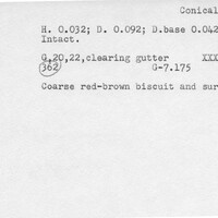 Index card with typed and handwritten information, sometimes including a sketch, of pottery from an excavation.