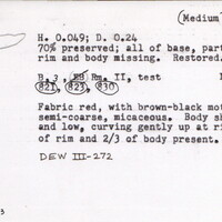 Index card with typed and handwritten information, sometimes including a sketch, of pottery from an excavation.