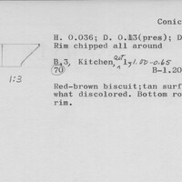 Index card with typed and handwritten information, sometimes including a sketch, of pottery from an excavation.