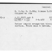 Index card with typed and handwritten information, sometimes including a sketch, of pottery from an excavation.