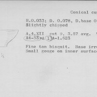 Index card with typed and handwritten information, sometimes including a sketch, of pottery from an excavation.