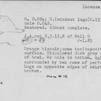 Index card with typed and handwritten information, sometimes including a sketch, of pottery from an excavation.