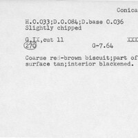 Index card with typed and handwritten information, sometimes including a sketch, of pottery from an excavation.